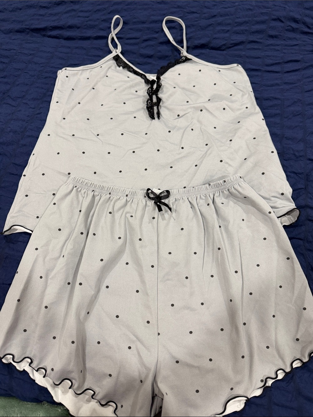 Women’s  Light Gray Polka Dot Sleepwear Set with Black Trim